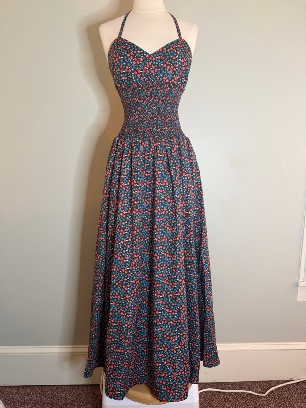 Elie Tahari Cotton Maxi Dress with Pink and Blue Floral Print with Smocking